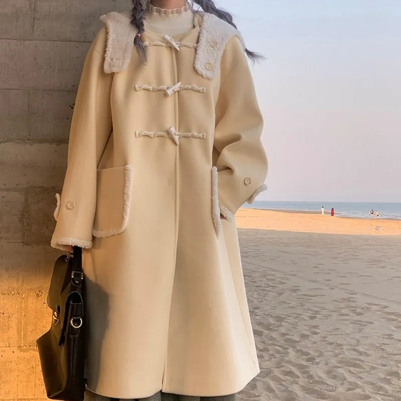 羊羔毛呢外套女中長款女裝秋冬新款寬鬆顯瘦連帽加厚呢子大衣