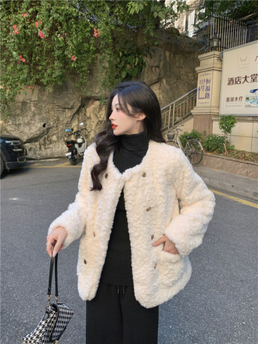 Actual shot ~ Imitation lamb wool coat for women winter small fragrance loose imitation fur thickened coat