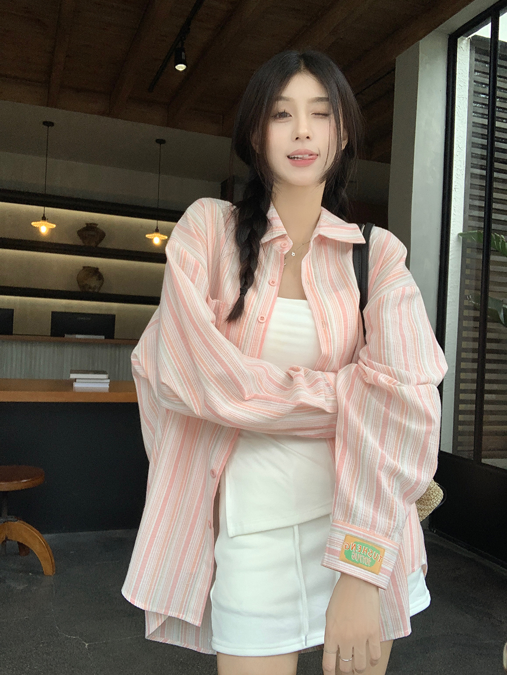 藍色條紋polo領長袖襯衫女裝秋季棉麻薄款寬鬆防曬襯衣中長款上衣