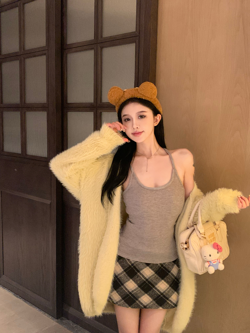 實拍  慵懶風軟糯糯水貂毛毛衣外套辣妹針織吊帶背心格子短裙