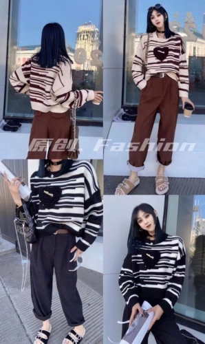  Comfortable Lazy Style Long Sleeve Sweater Autumn New Striped Versatile Sweater Women's Wool Embroidered Top