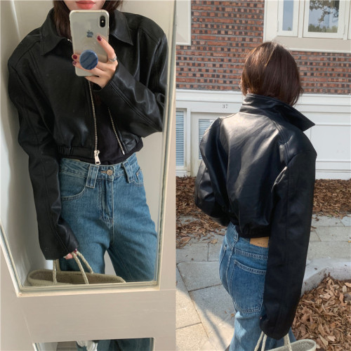 Real shot Korean style American short pu leather long sleeve cardigan jacket