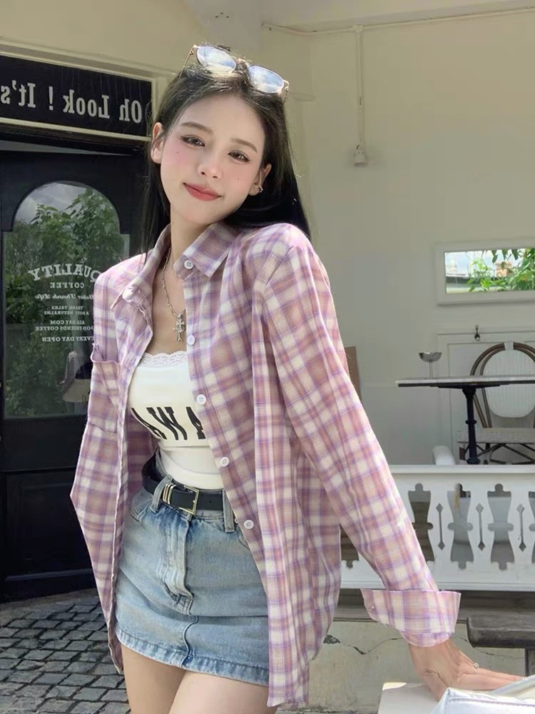 原版天貓直播質量香芋紫格子襯衫外套女設計感小眾冪式穿搭