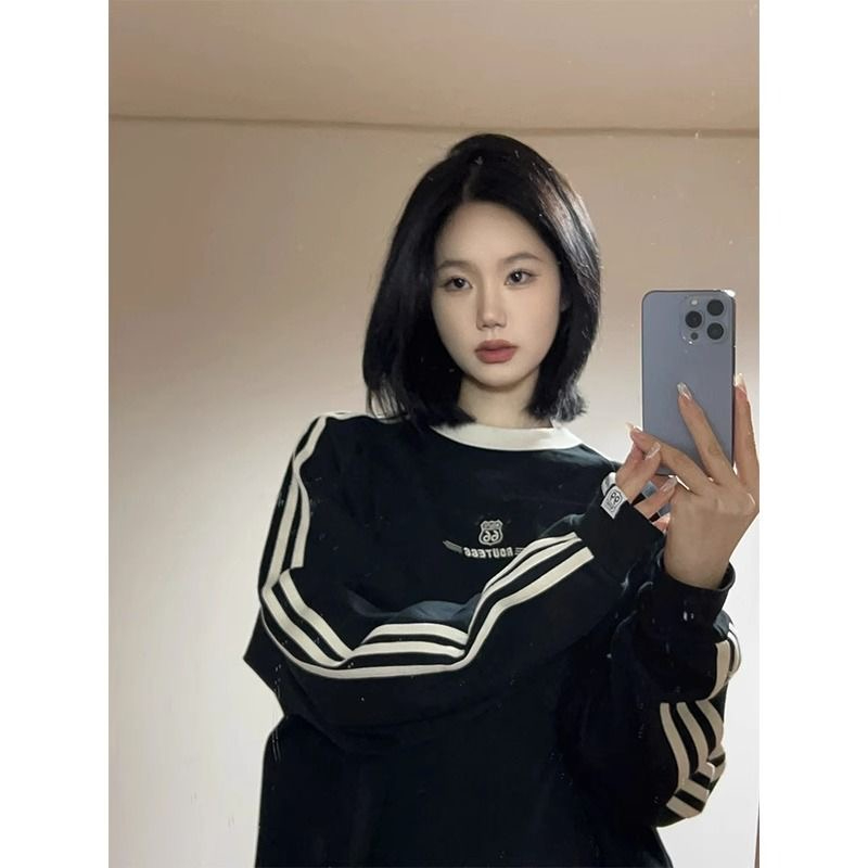 美式復古三槓無帽衛衣女春秋寬鬆百搭慵懶chic插肩長袖上衣