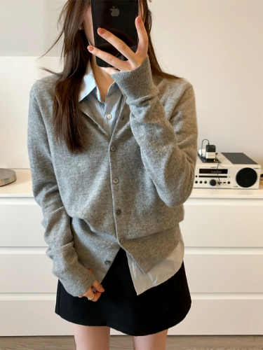 Autumn clothing for women  new gray knitted cardigan lazy style sweater women's autumn and winter coat thin outer top