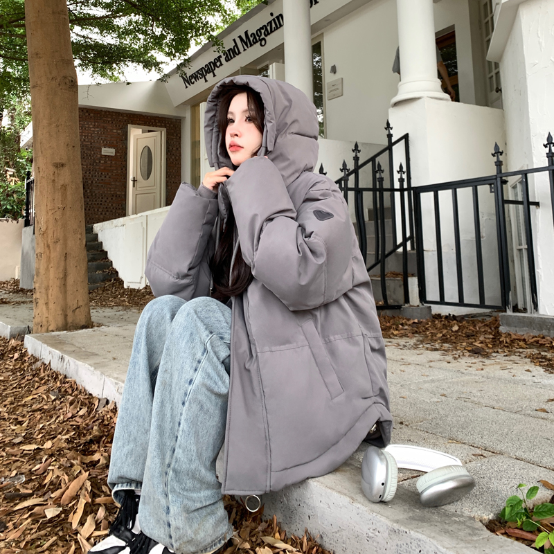 韓版灰色愛心短款棉服2023年新款男女情侶加厚麵包服小眾冬季外套