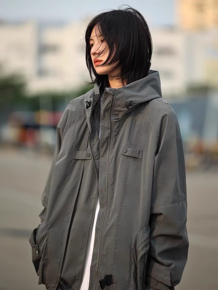 春秋季連帽衝鋒衣女美式潮牌寬鬆機能防風外套潮流休閒工裝夾克潮