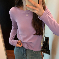 Basic Pure Color Undershirt for Women 2023 Early Autumn New Arrival Loose Fit Versatile Round Neck Long Sleeve Top