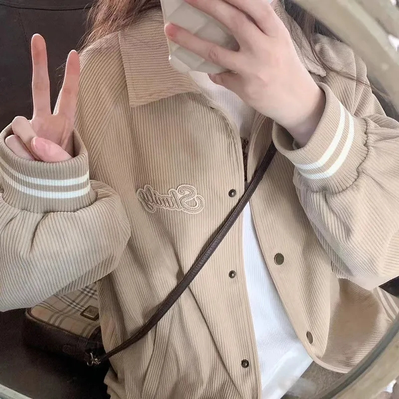 2023秋冬新款燈芯絨棒球服女刺繡寬鬆學生oversize復古外套ins潮