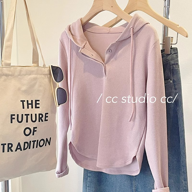 Original quality 2023 early autumn arc hem hooded slim short long sleeve thin sweatshirt for women