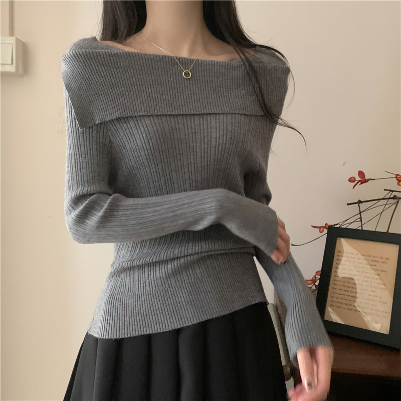 Actual shot of new autumn and winter lazy one-shoulder sweater women's long-sleeved sweater top