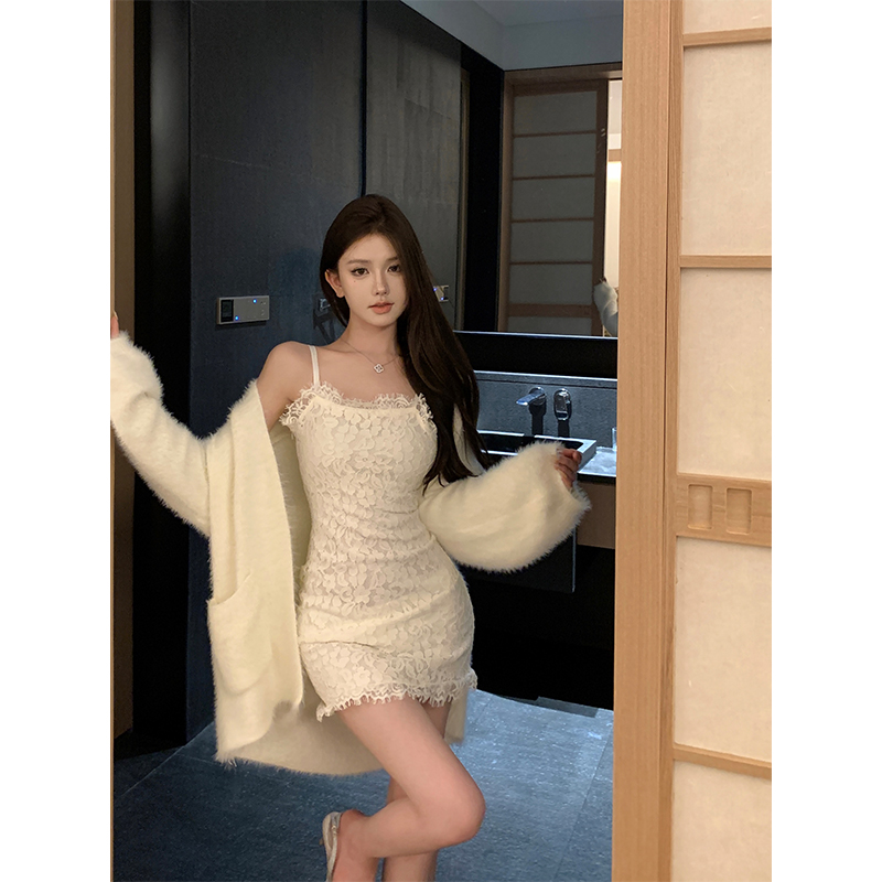 Real shot of Autumn and Winter Pure Desire Women's Short Skirt with Lace Dress + Mid-Length Cardigan and Furry Jacket for Women