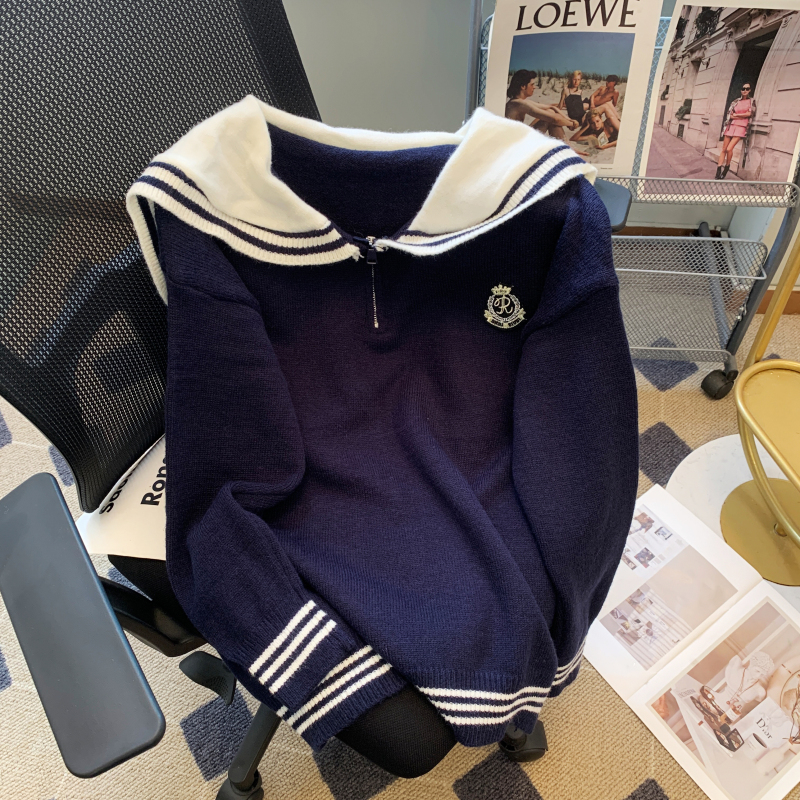 秋冬新款學院風海軍領套頭毛衣女士韓版寬鬆慵懶風撞色針織衫上衣