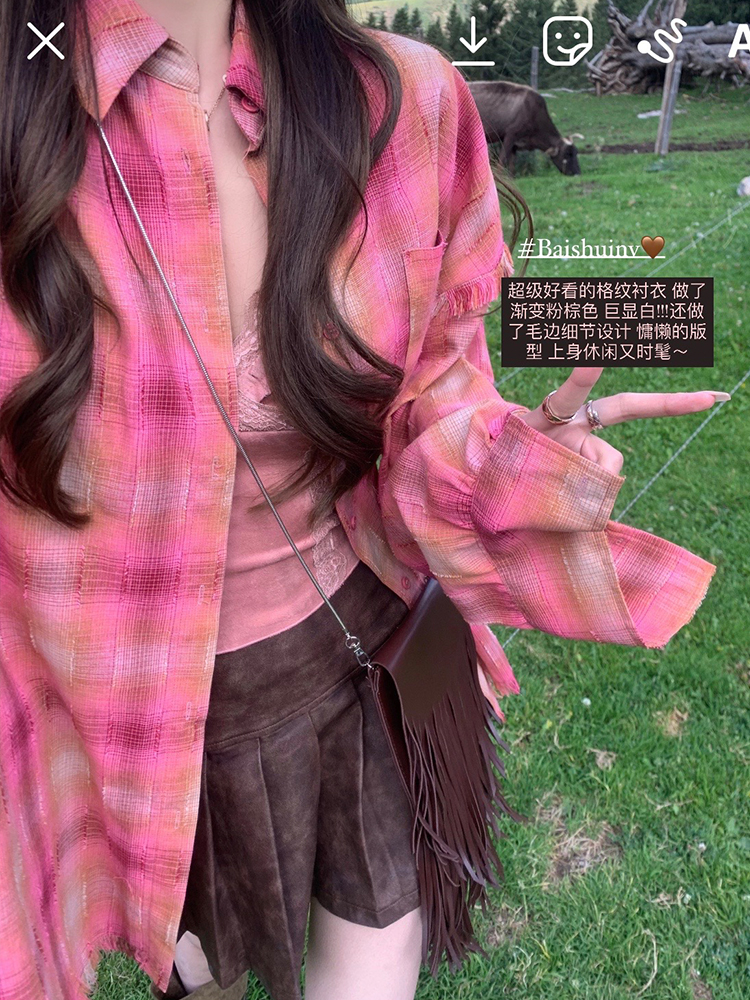 白水女western style~流蘇格子襯衫女秋季寬鬆設計感小眾上衣