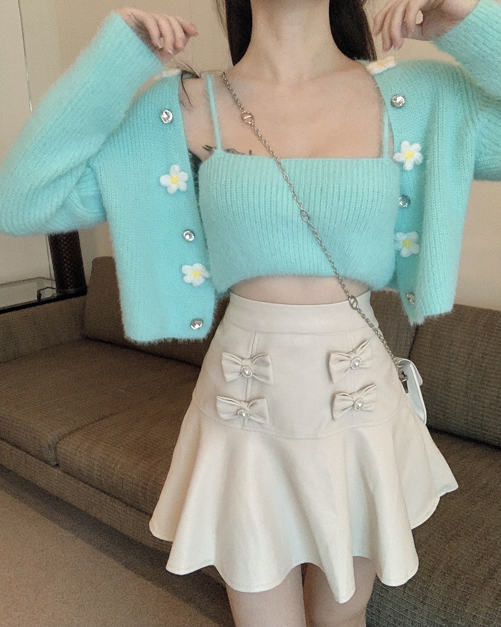 Real shot of suspenders + long-sleeved knitted cardigan two-piece set