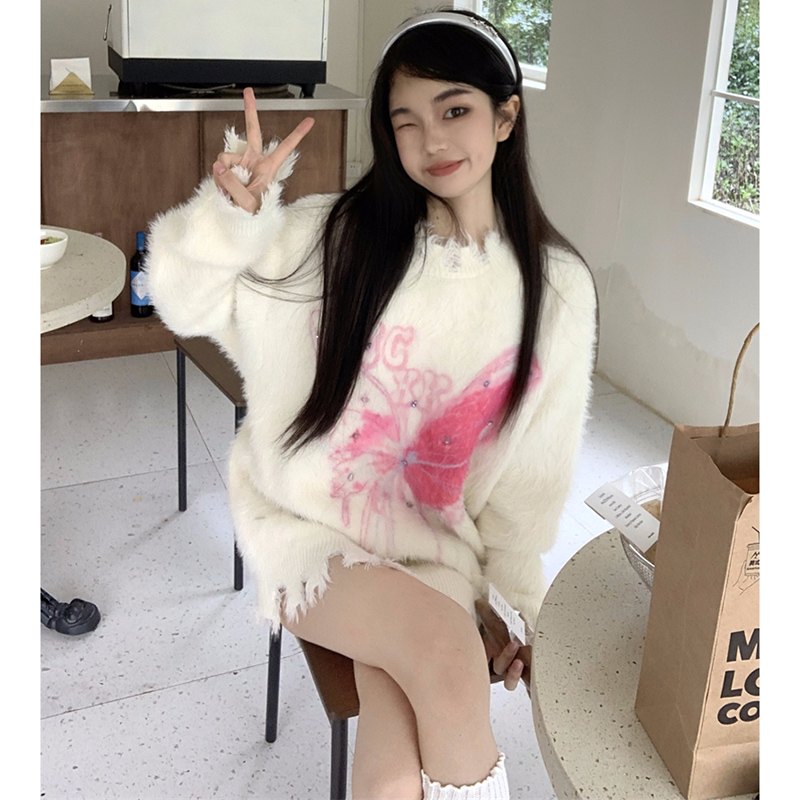 秋冬季美式燙鑽蝴蝶馬海毛毛衣女慵懶風寬鬆長袖設計感針織衫上衣