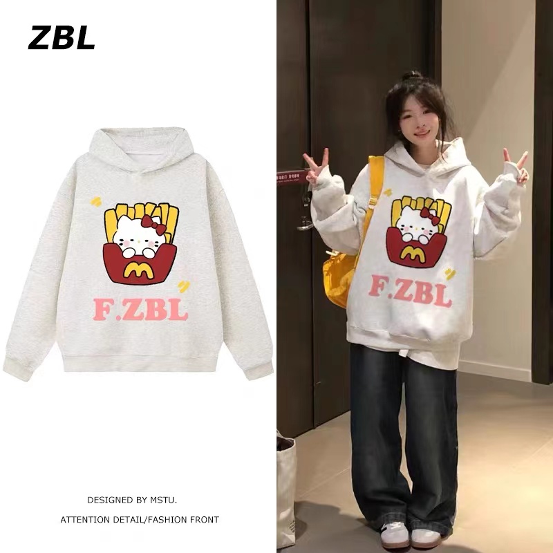 American design printed hooded velvet thickened sweatshirt for female students autumn and winter casual versatile couple jacket tops