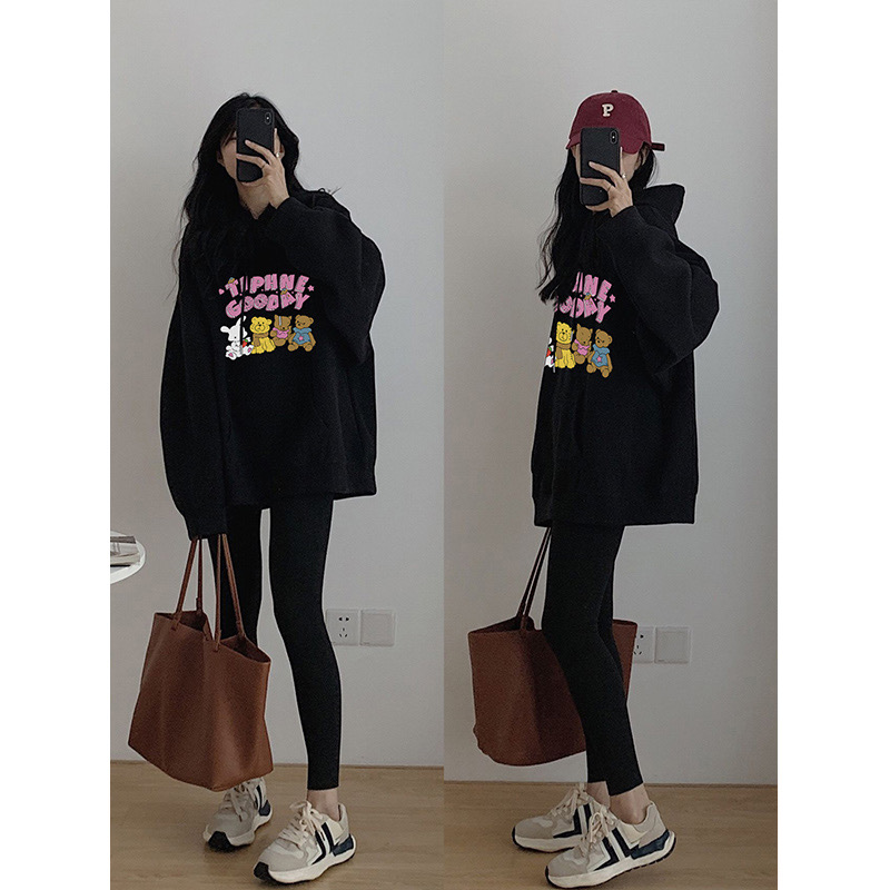 加絨連帽衛衣女裝2023秋冬季新款黑色hiphop寬鬆慵懶風上衣