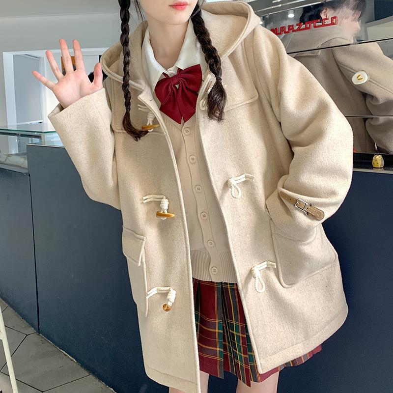 日系毛呢外套女2023春秋冬季新款牛角扣小個子連帽呢子大衣學生厚