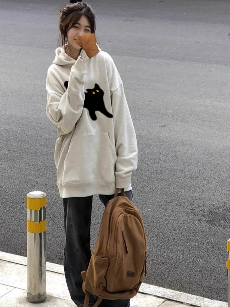 美式小貓印花正肩衛衣外套女秋季oversize連帽寬鬆慵懶風甜酷上衣