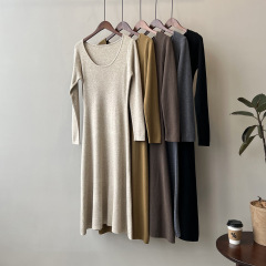Real shot~Solid color U-neck sweater dress for women 2023 autumn new pullover bottoming skirt high waist long skirt