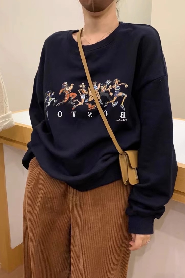 American retro high-end super nice printed round neck sweatshirt for women in spring, autumn, autumn and winter loose and lazy style jacket top