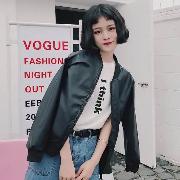 Original fabric Korean niche design Harajuku style motorcycle PU leather jacket Korean style baseball uniform short jacket