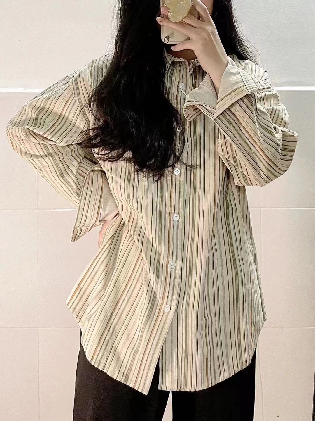 港風復古寬鬆條紋襯衫外套女春秋新款襯衣設計感小眾打底衫上衣服