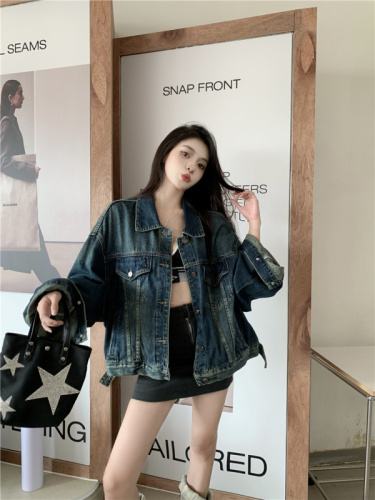 Real shot~New loose washed gradient color top retro cocoon-shaped wide-sleeved denim jacket for women