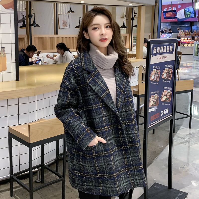 毛呢大衣格子外套女中長款2023秋季新款流行寬鬆呢子大衣