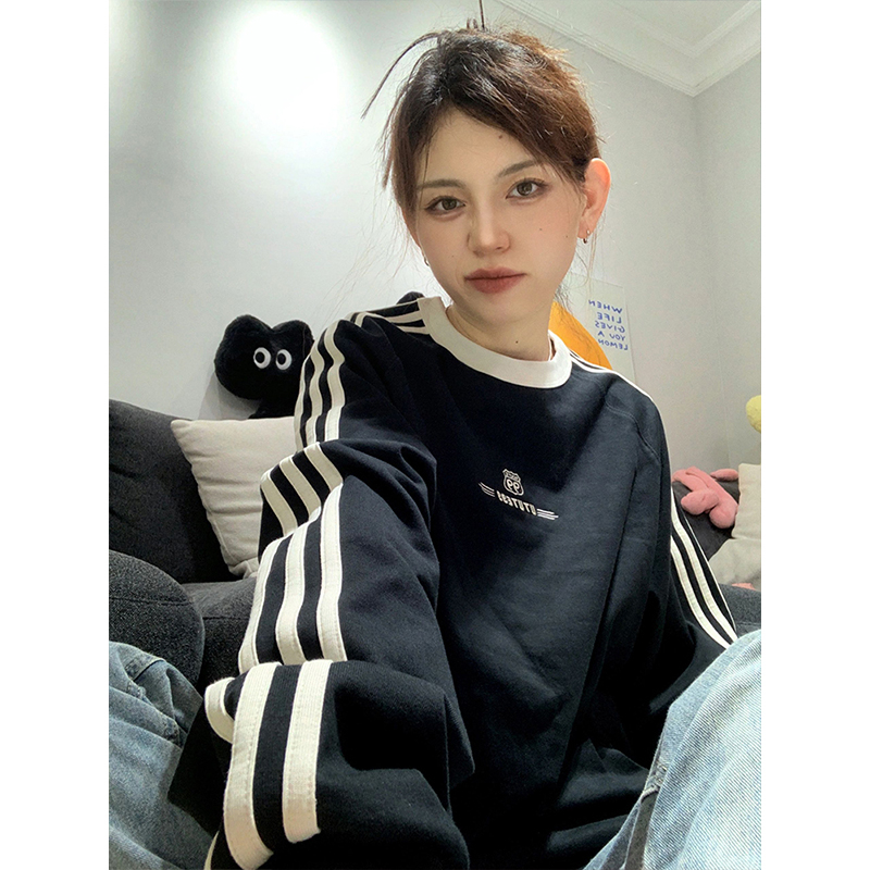 美式復古運動衛衣女秋季條紋長袖t恤寬鬆情侶圓領上衣