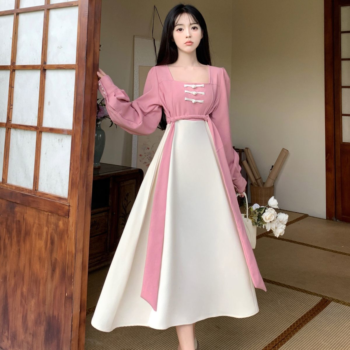 原版面料2023秋新款復古連衣裙新中式漢服氣質高腰顯瘦日常裙子