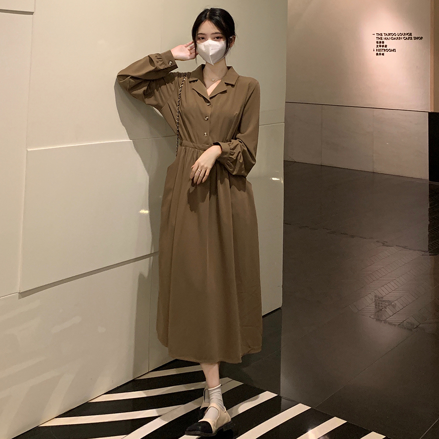 秋季新款收腰顯瘦法式復古黑色長袖V領連衣裙女