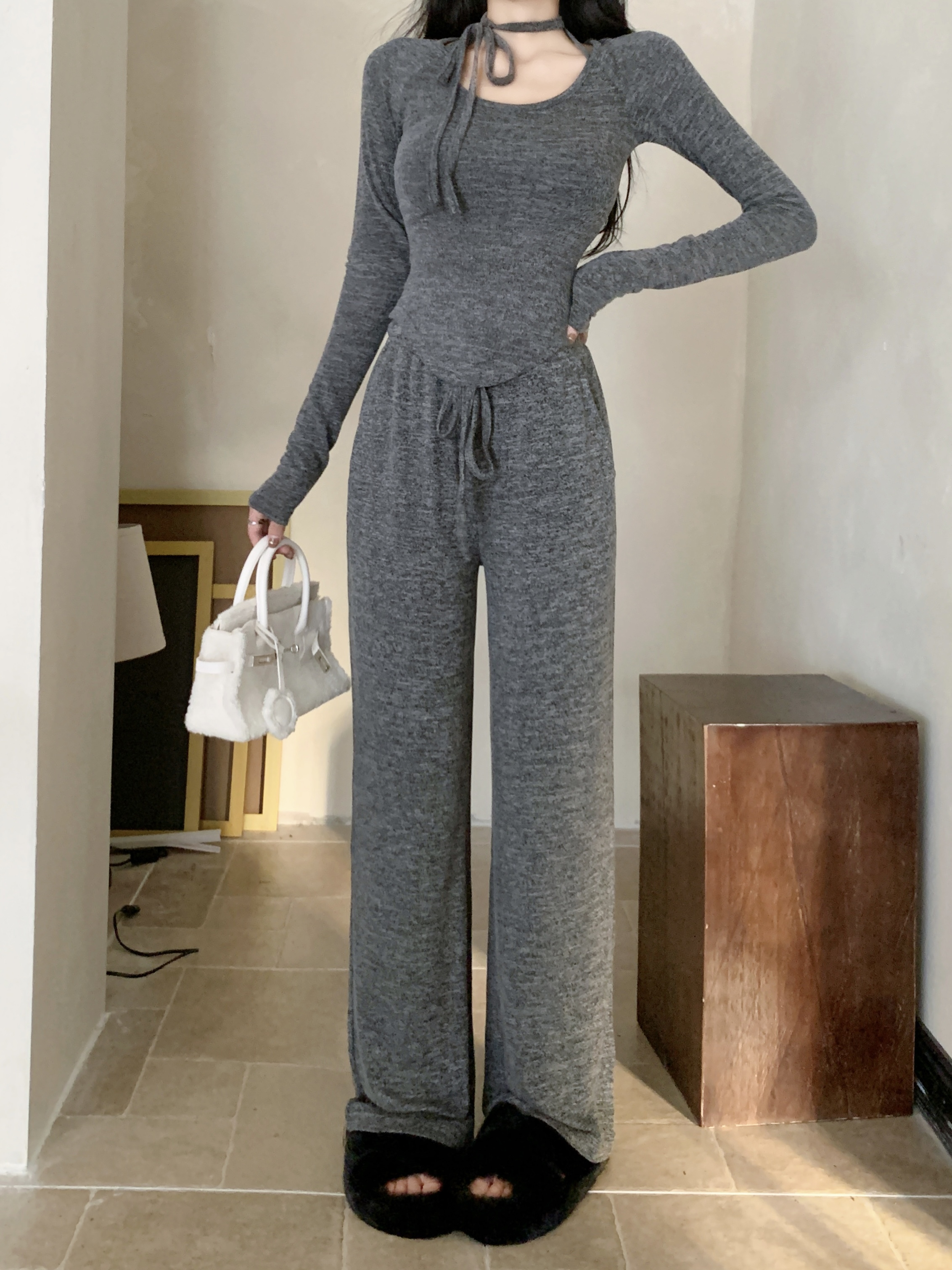 Actual shot~Pure style slim-fitting lace-up long-sleeved T-shirt high-waisted drawstring casual pants suit