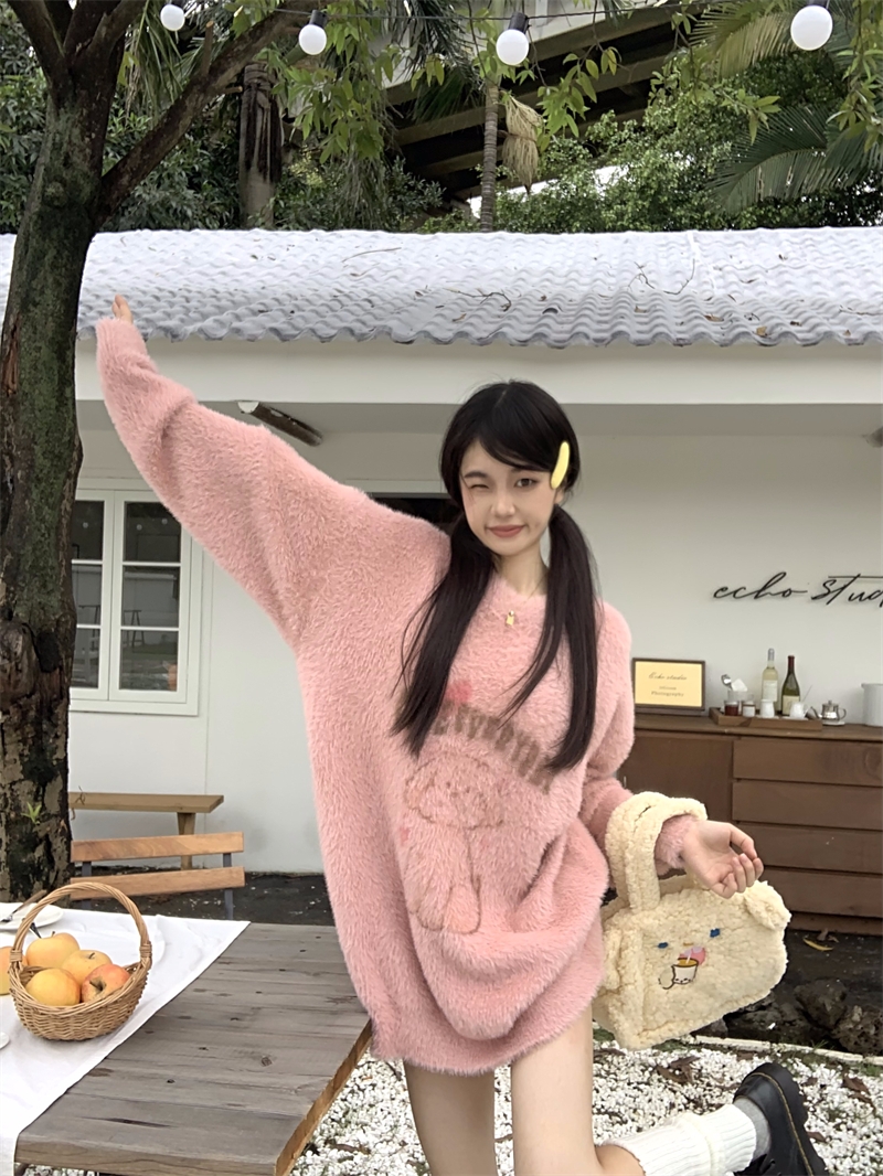 實拍  印花水貂毛寬鬆長袖毛衣