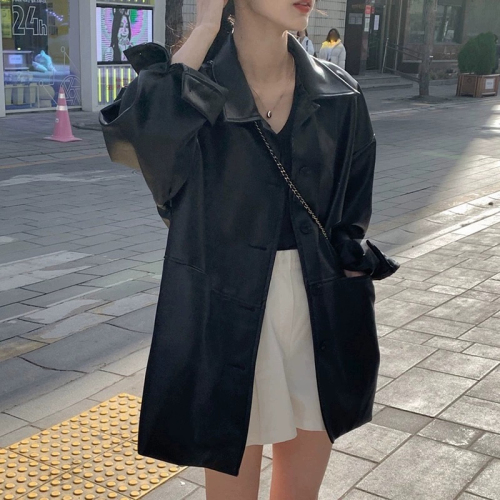 Korean handsome lapel single-breasted leather jacket for women autumn new loose and versatile imitation leather jacket top