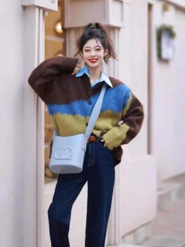  Autumn New Korean Style Chic Lazy Style Retro Loose Versatile Round Neck Color Blocked Plush Knitted Cardigan