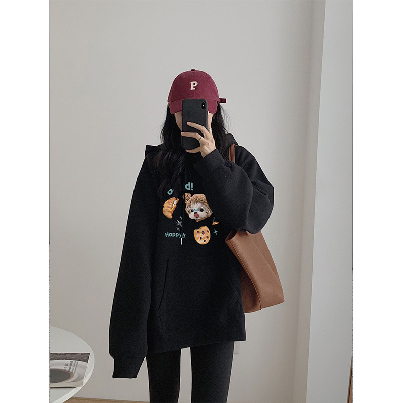 加絨連帽衛衣女裝2023秋冬季新款黑色hiphop寬鬆慵懶風上衣