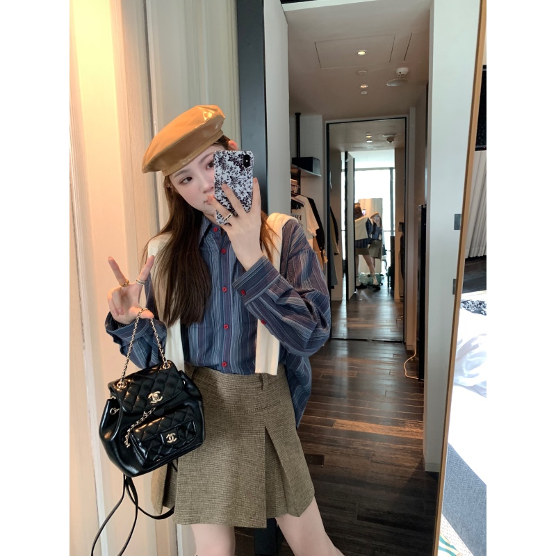 aaaaxbbb Seoul自習室條紋襯衫女藍色全棉長袖寬鬆高級感襯衣