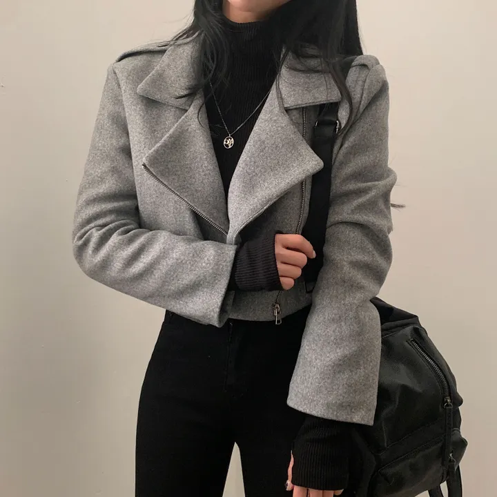 Korean style autumn and winter new woolen suit jacket retro versatile motorcycle style short zipper jacket top
