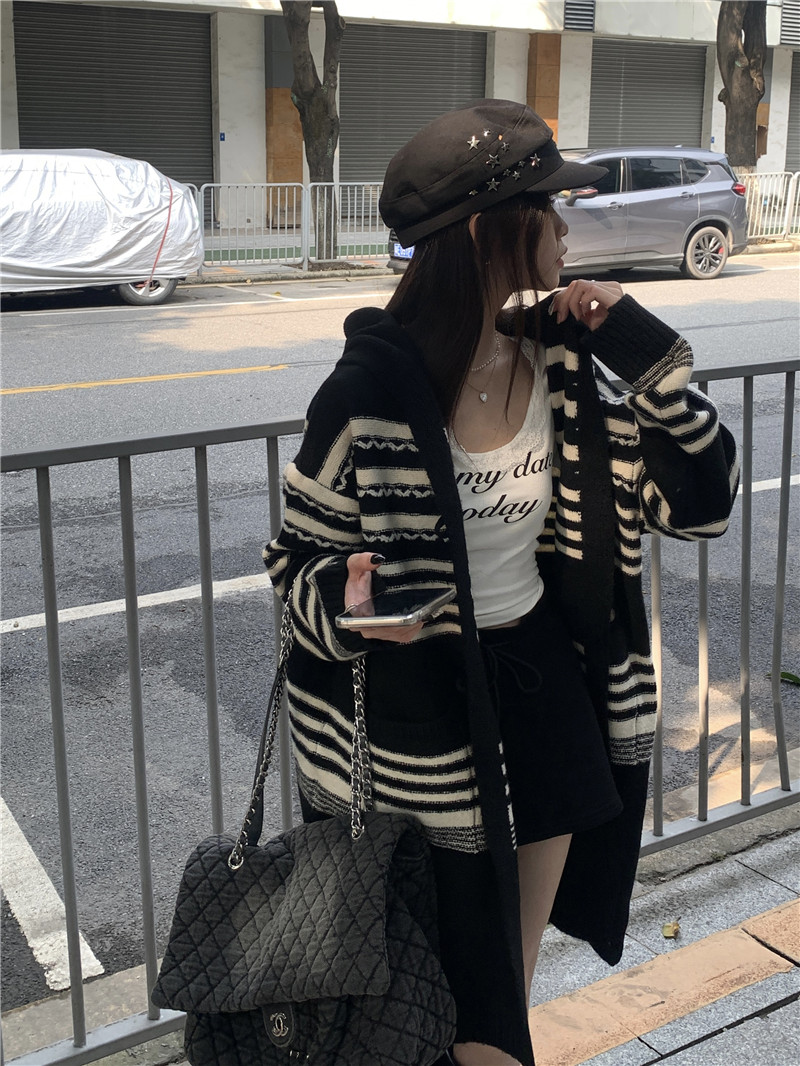 實拍秋冬復古慵懶風高級中長款條紋連帽開衫毛衣外套