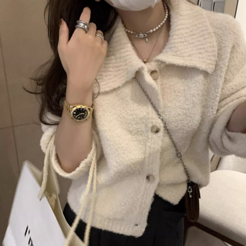 Small grained loop velvet age-reducing lapel sweater for women loose knitted thickened cardigan autumn and winter sweater jacket for women