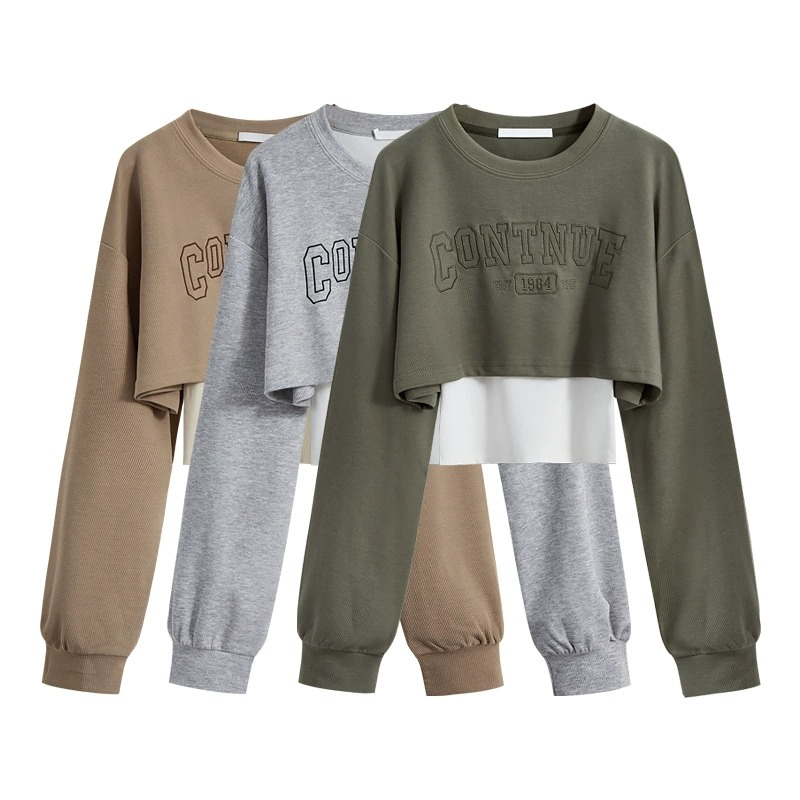 College loose new short fashion layered suit long-sleeved sweatshirt for women autumn inner camisole two-piece set