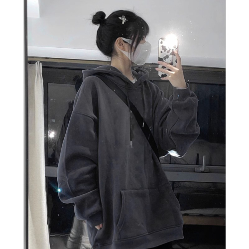 American retro hooded thin sweatshirt plus velvet thickened women's 2023 autumn and winter new loose lazy style chic jacket
