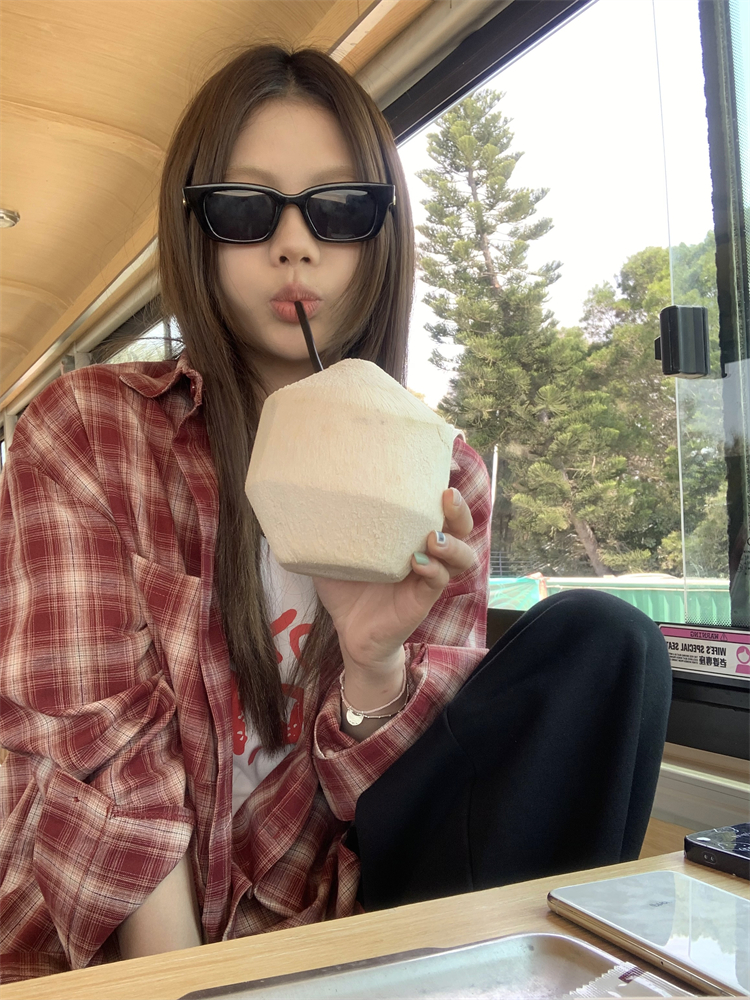kumikumi紅色格子長袖襯衫外套女秋季設計感休閒百搭襯衣寬鬆上衣