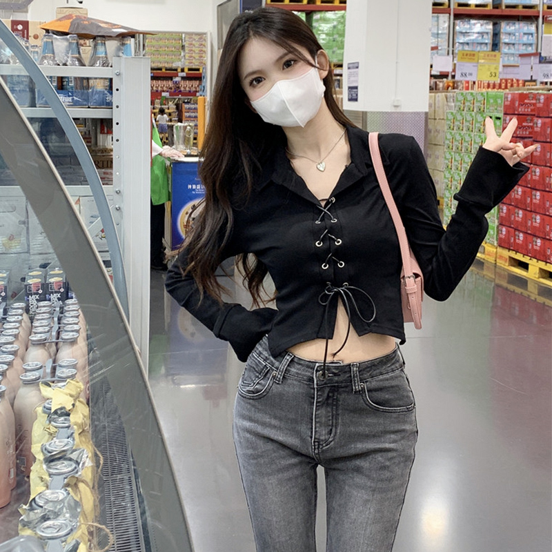 天貓質量短款t恤女春秋辣妹綁帶修身顯瘦polo領長袖打底衫上衣
