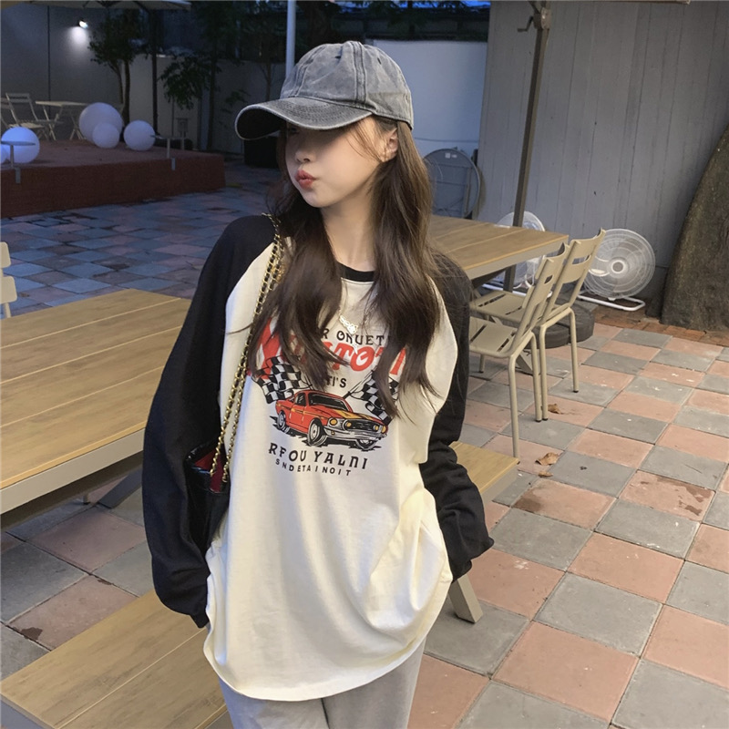 加絨黑白美式插肩長袖t恤女春秋薄款設計感小眾潮牌oversize上衣