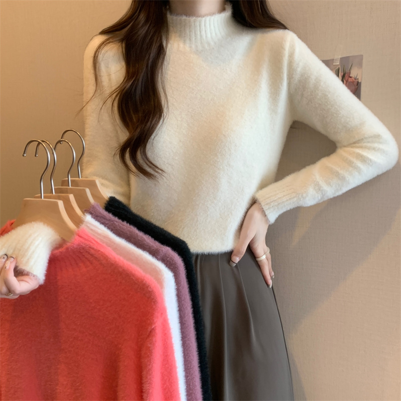 實拍 秋冬新款半高領毛絨軟糯質感針織毛衣女