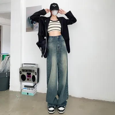 美式復古基礎做舊廓形懷舊洗水經典牛仔褲闊腿褲女