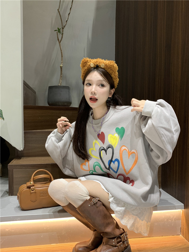 實拍大碼~復古美式加絨設計感印花套頭衛衣